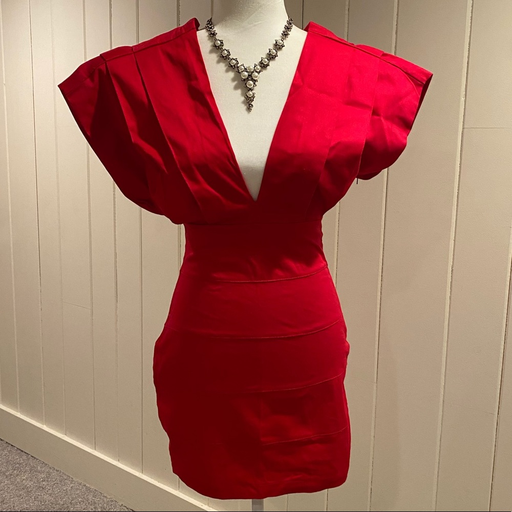 Red V neck mini dress